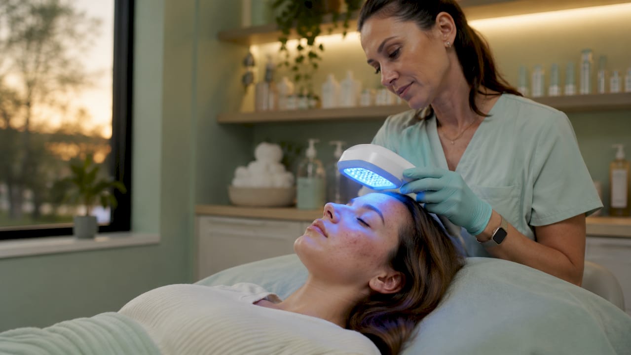 Blue light acne treatment on teen skin