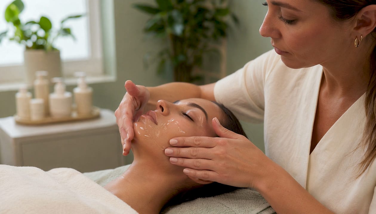 Esthetician pressing serum into client's skin