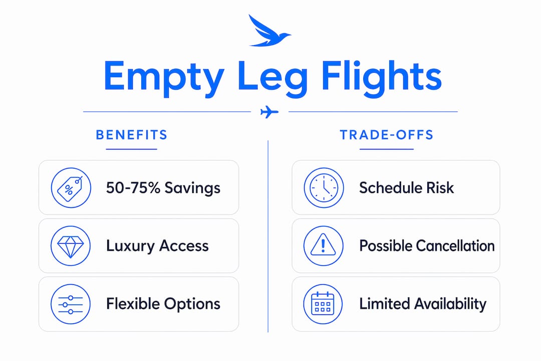 Infographic comparing empty leg flights benefits and trade-offs