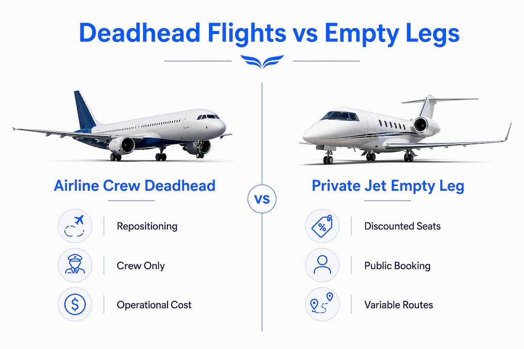 Infographic comparing airline crew deadhead and private jet empty leg flights