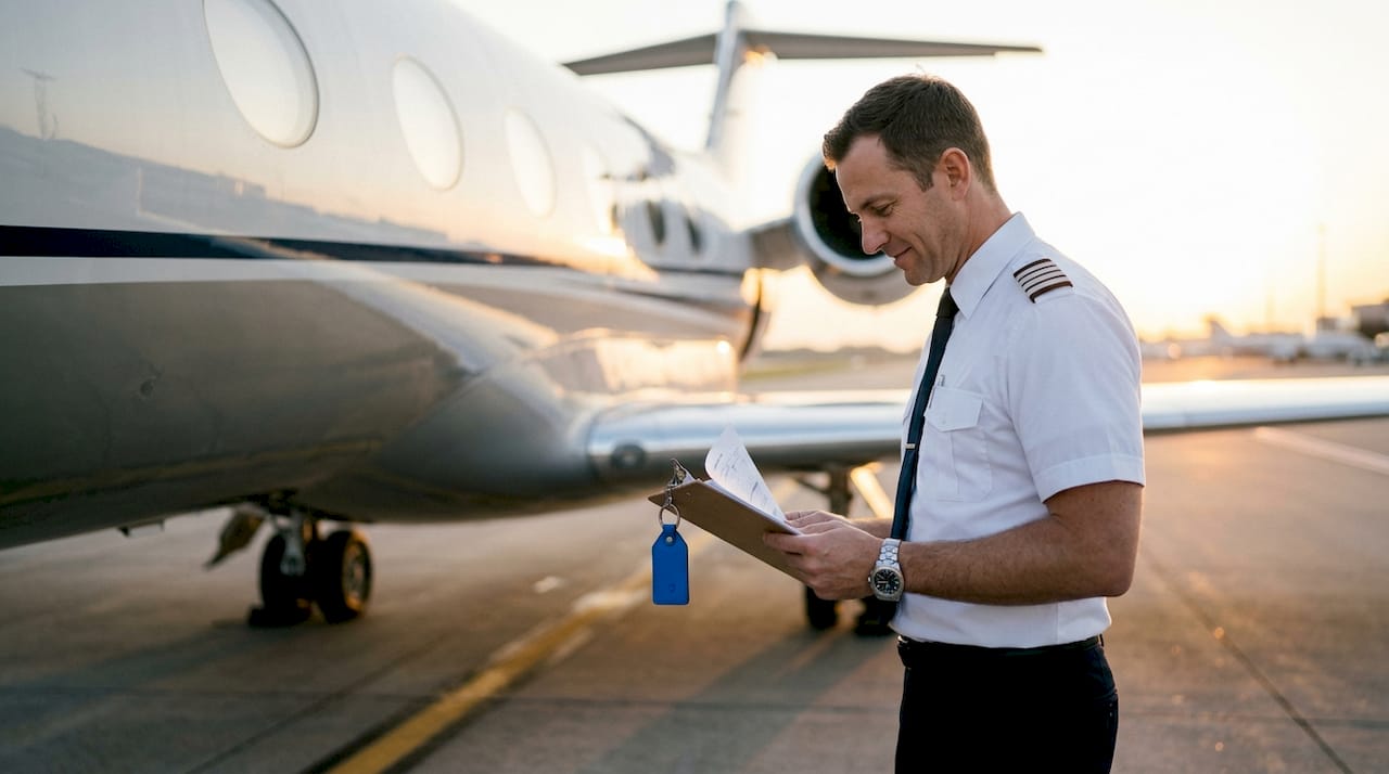 Pilot preparing private jet cockpit documents