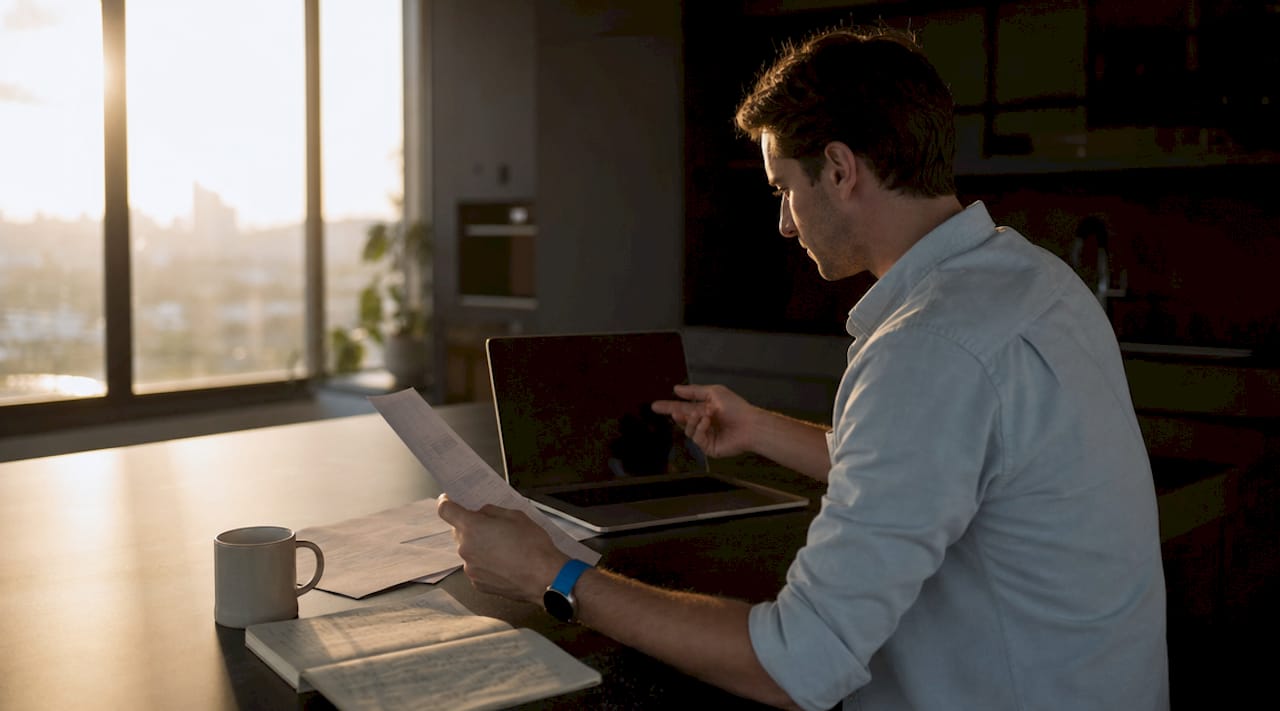 Close-up of hands reviewing flight itineraries and smartphone