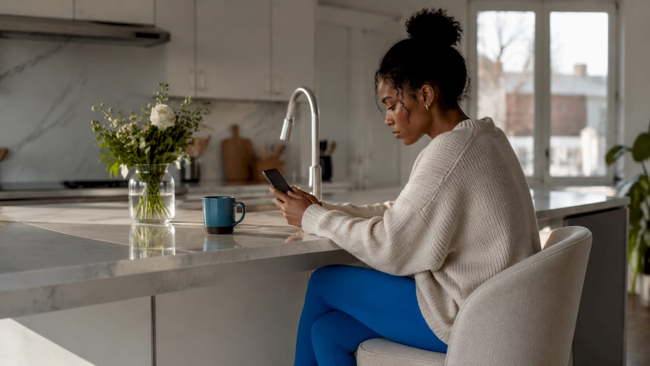 Woman monitoring flight deal alerts at home office