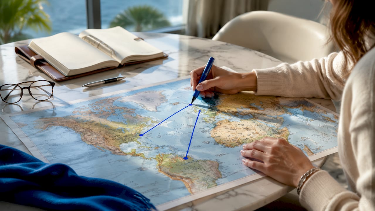Hands marking open-jaw flight route on physical map