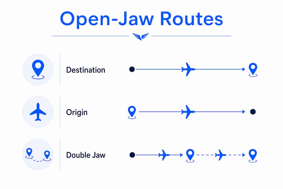 Infographic illustrating open-jaw flight route types