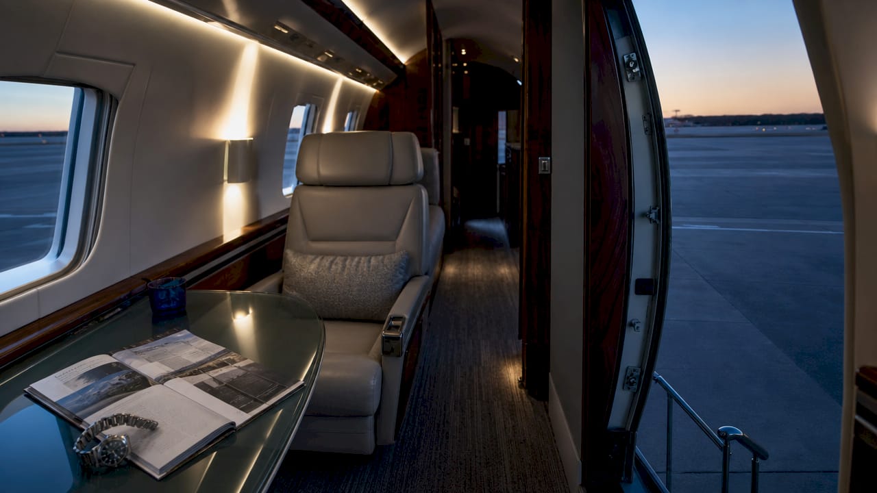 Luxurious empty private jet cabin interior