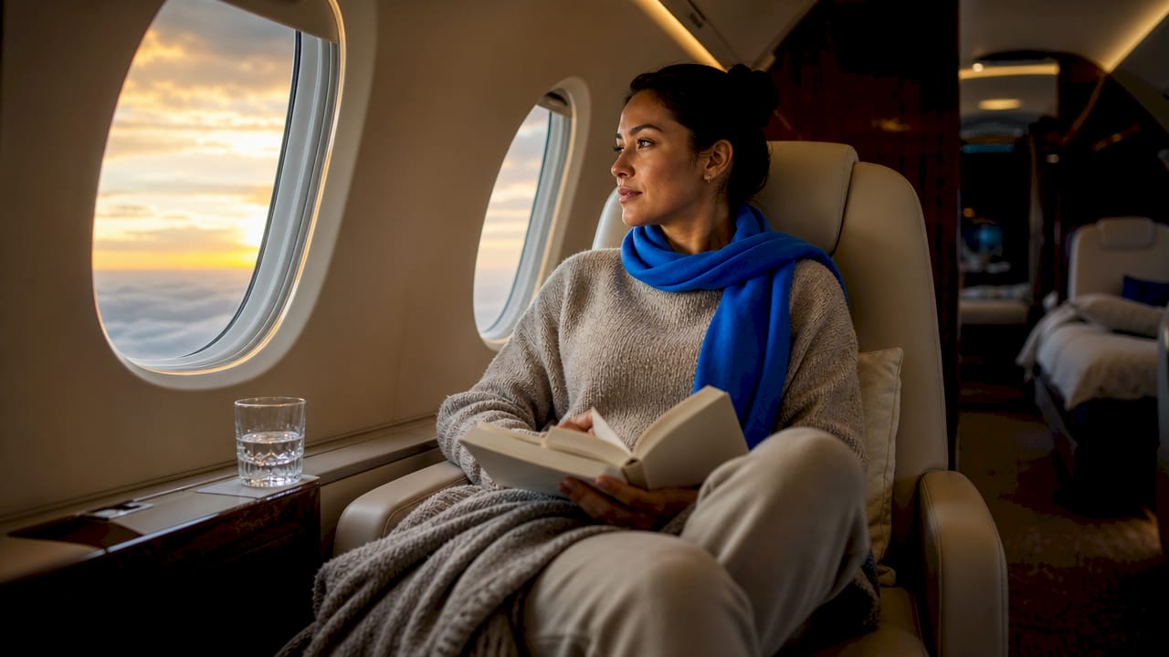 Traveler sitting with empty seat beside her in jet cabin