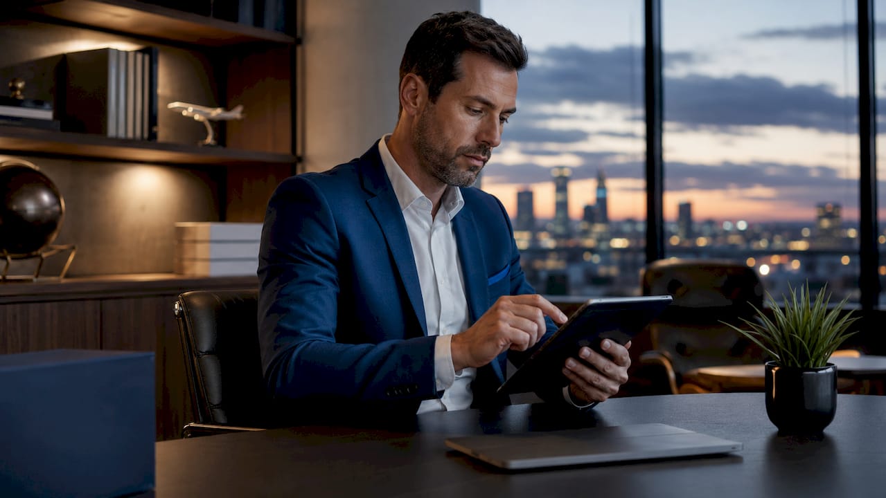 Travel agent adjusting alert settings on tablet