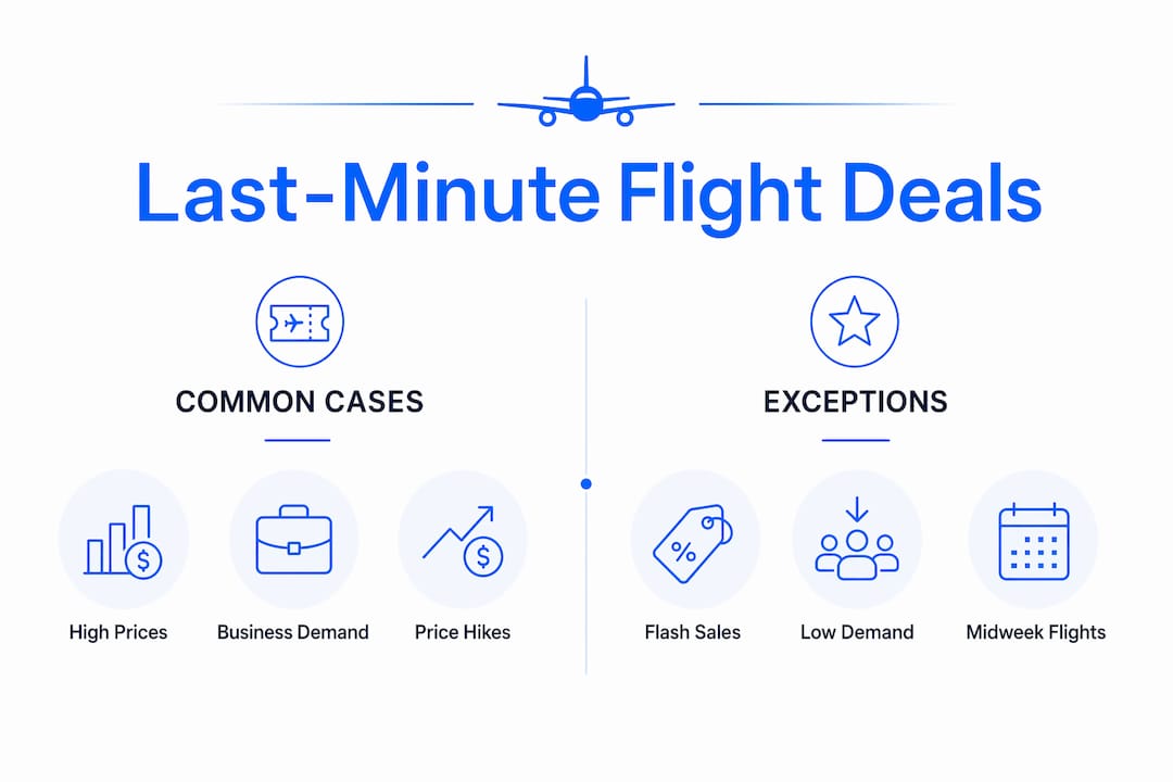 Infographic comparing common last-minute flight pricing cases and exceptions