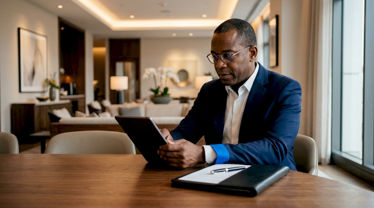 Businessman reviewing private aviation options in office