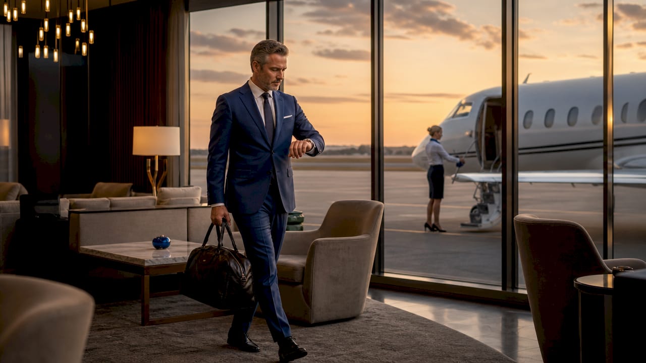 Man checking watch near private jet boarding door