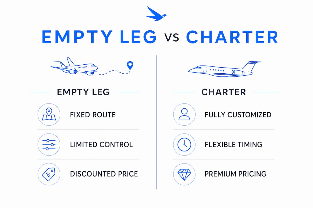 Split infographic comparing empty leg and charter flights