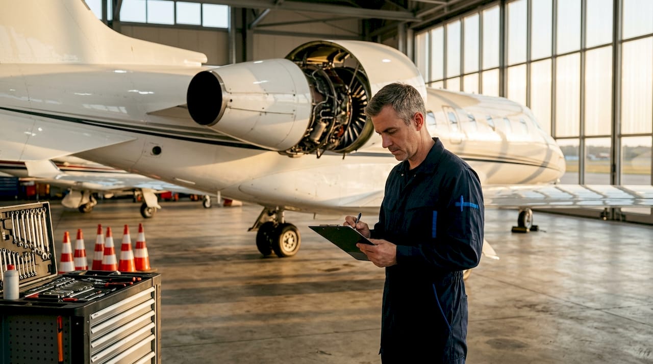 Technician inspecting private jet engine indoors