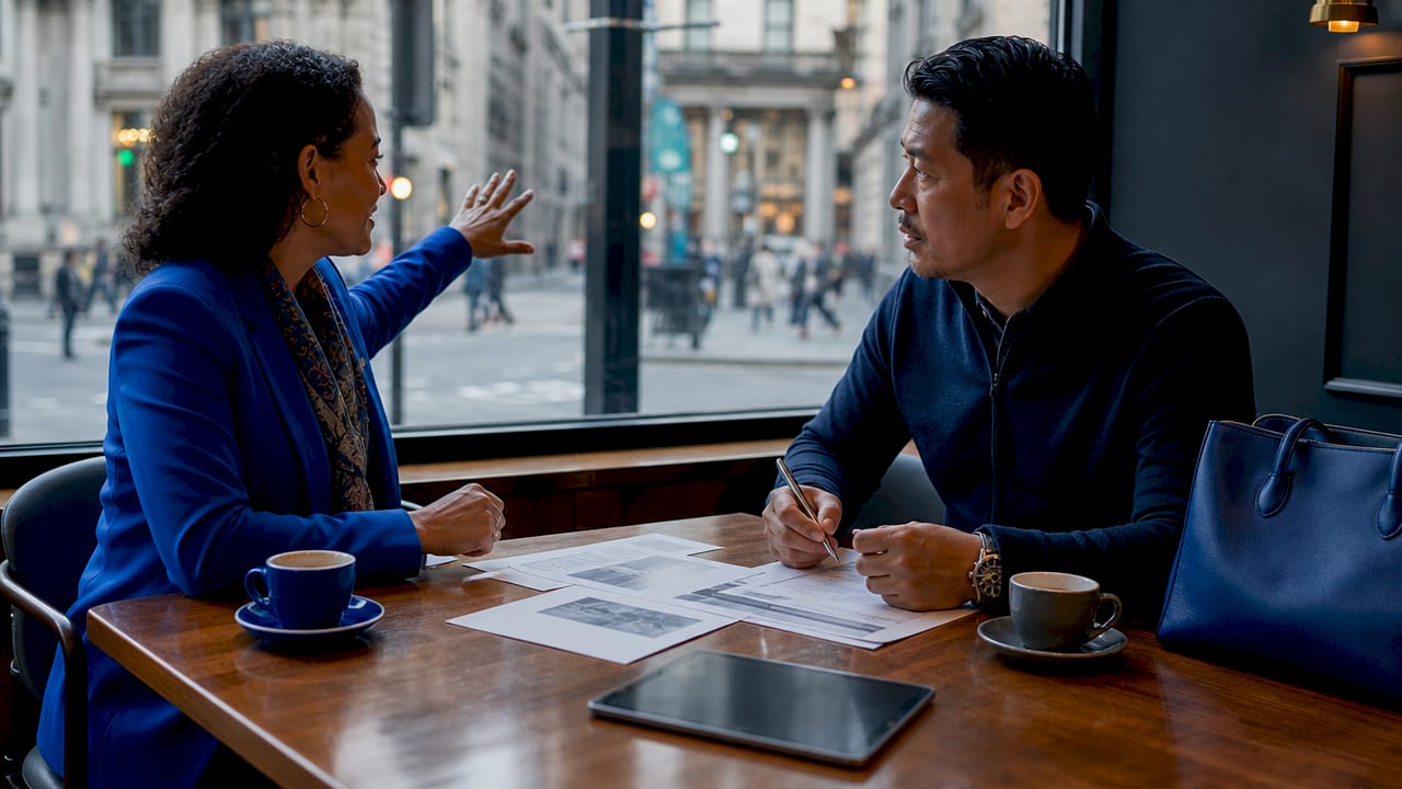 Two travelers discussing private jet empty leg flight booking