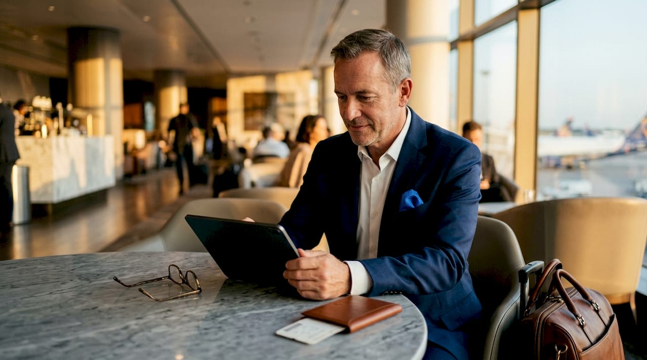 Hands scrolling flexible flight options on tablet