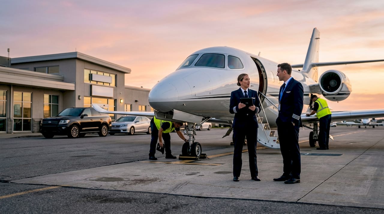 Private jet and crew at small regional airport