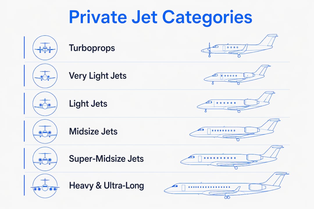 Hierarchy infographic of private jet categories