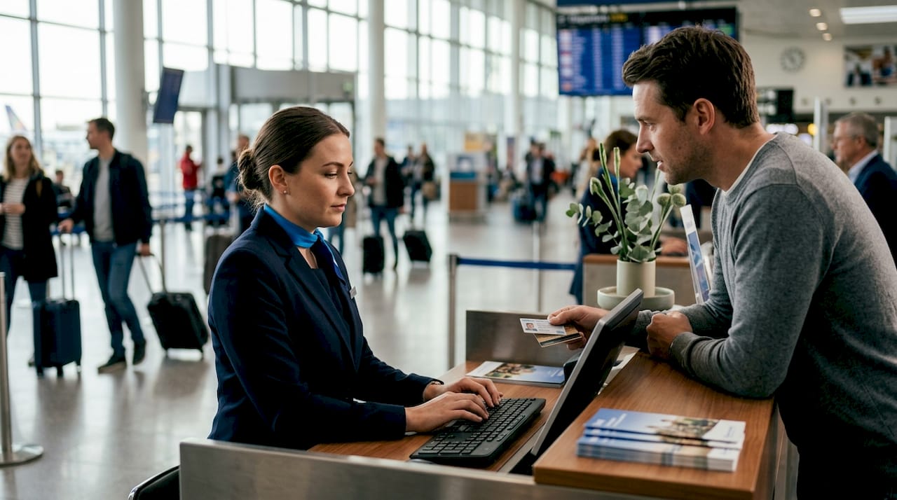 Airline agent assisting passenger with same-day booking at counter