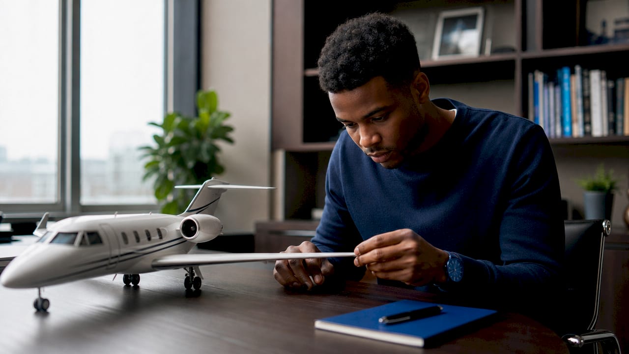 Man examining light private jet model indoors