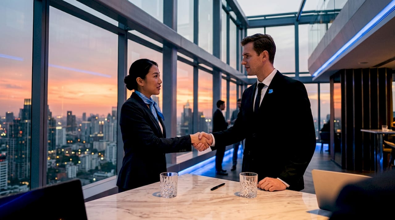 Networking handshake at airport lounge
