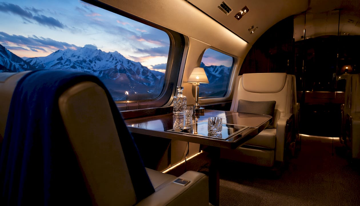 Luxury private jet cabin ready for ski trip