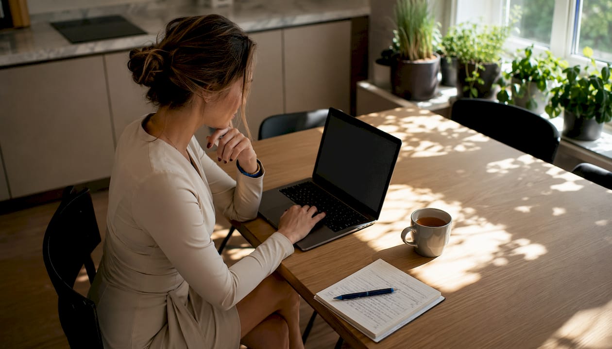 Woman researching private jet charter marketplaces at home office