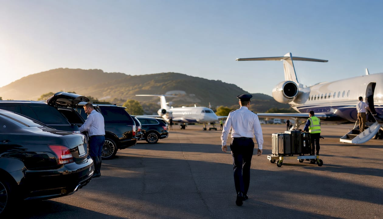Busy regional airport with private jets