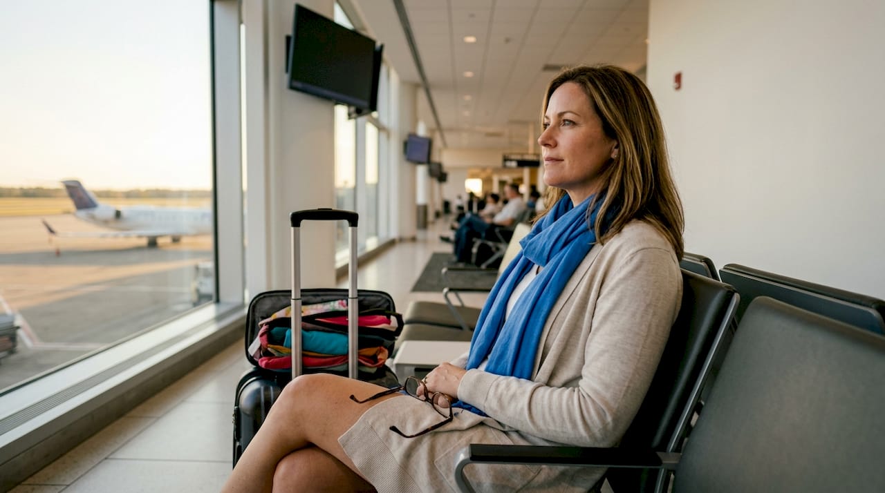 Traveler waiting in small regional airport terminal