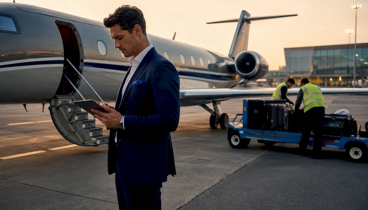 Executive coordinating jet at secondary airport