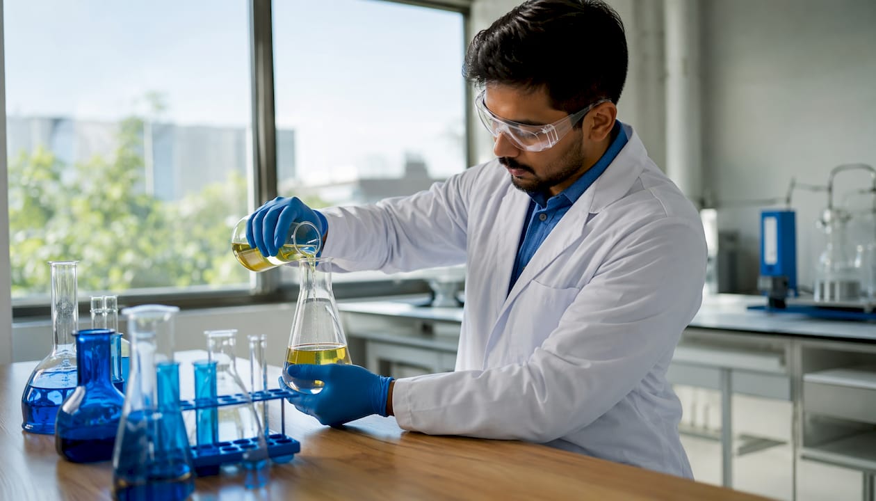 Hands measuring sustainable aviation fuel vial