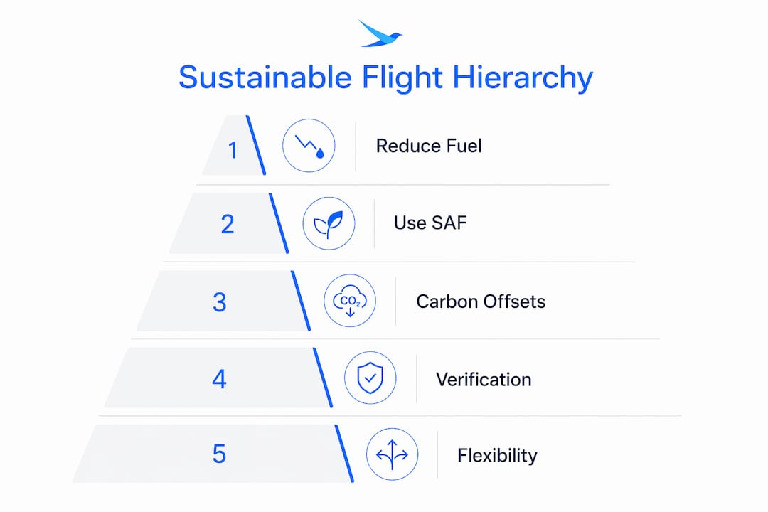 Infographic showing sustainable flying hierarchy with five key components