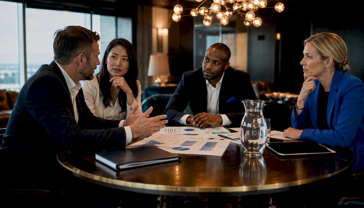 Hands pointing at private aviation access models on table