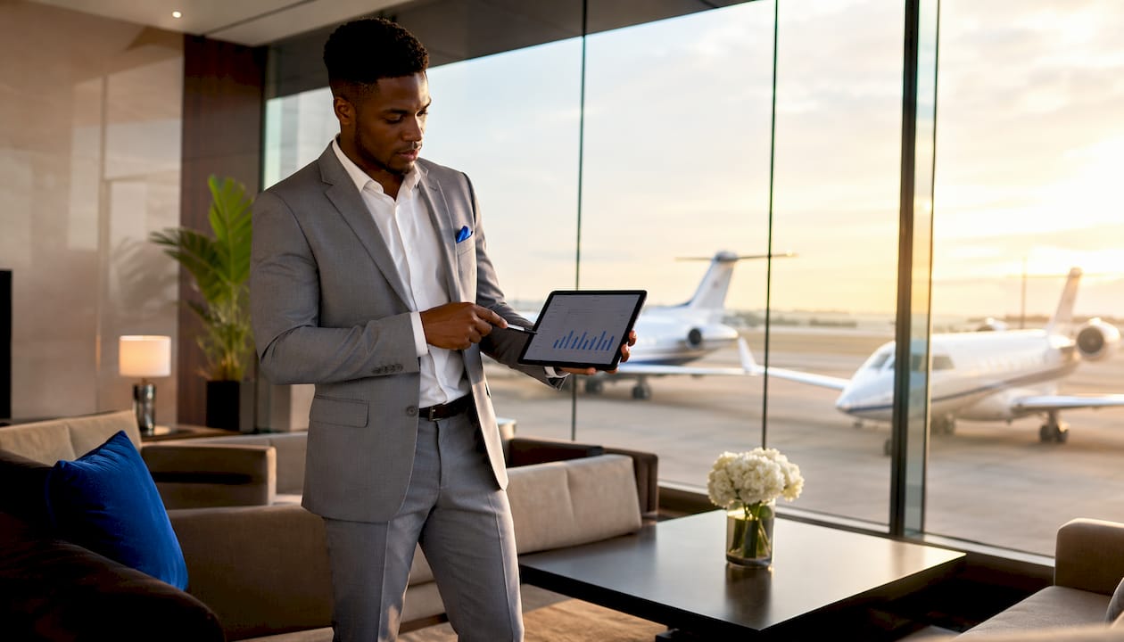 Man presenting private jet pricing data