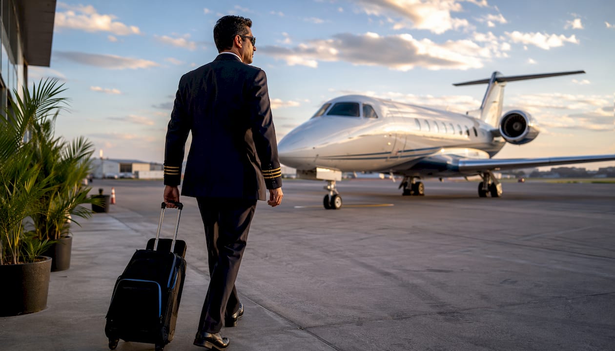 Pilot approaching private jet on hangar apron at sunrise