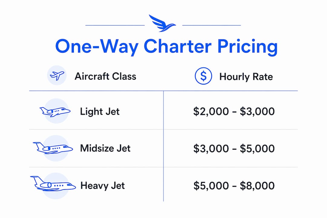 Infographic showing one-way charter prices by aircraft class