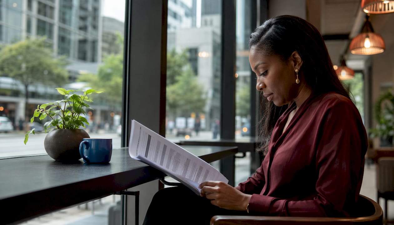 Woman checking empty-leg flight schedules at home