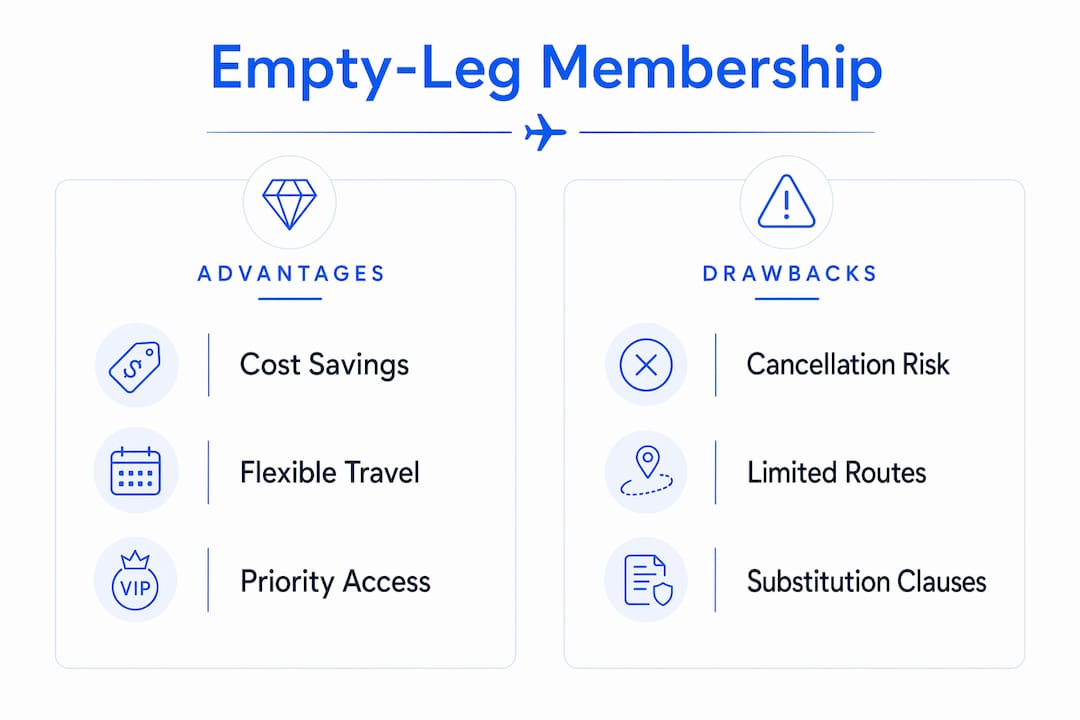 Infographic comparing empty-leg memberships pros and cons