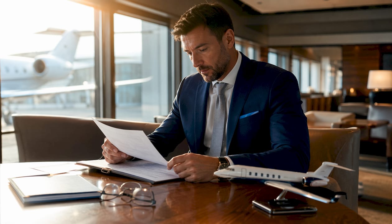 Hands reviewing private jet safety documents overhead