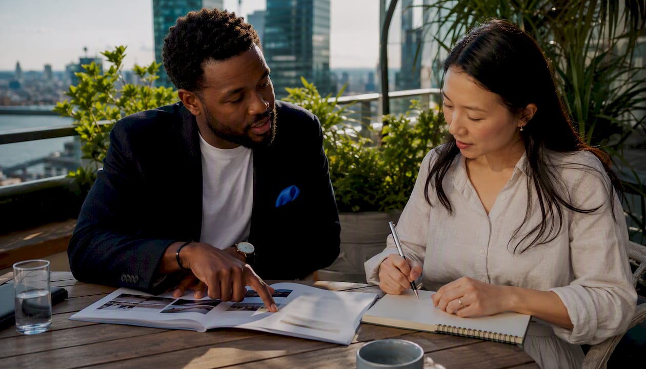 Diverse professionals discussing jet membership plans