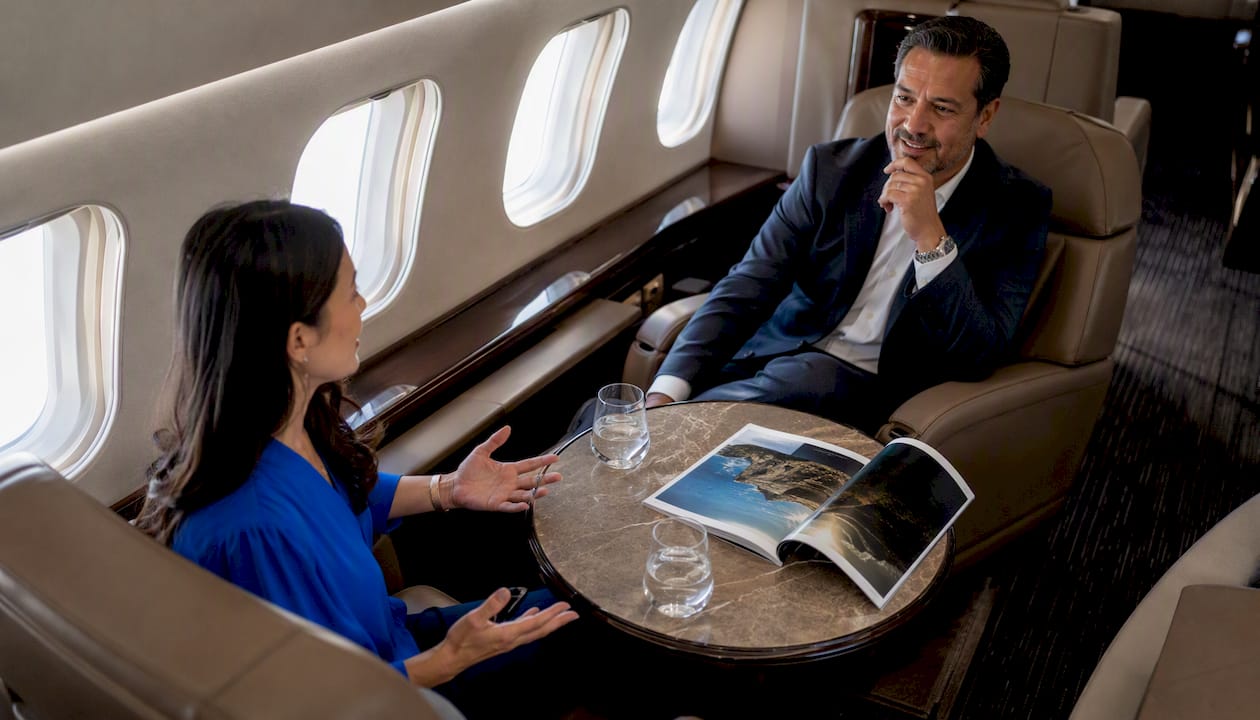 Passengers seating arrangement in private jet cabin