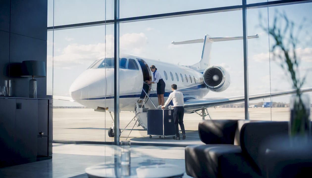 Private jet being serviced at FBO lounge