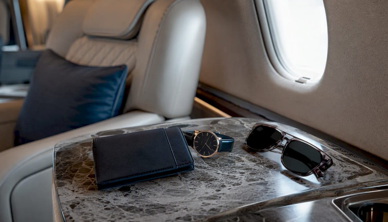 Luxury travel accessories in private jet