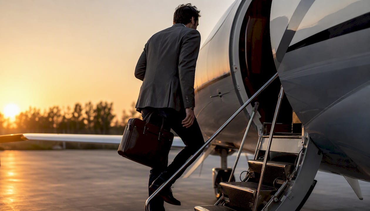 Executive boarding private jet with briefcase