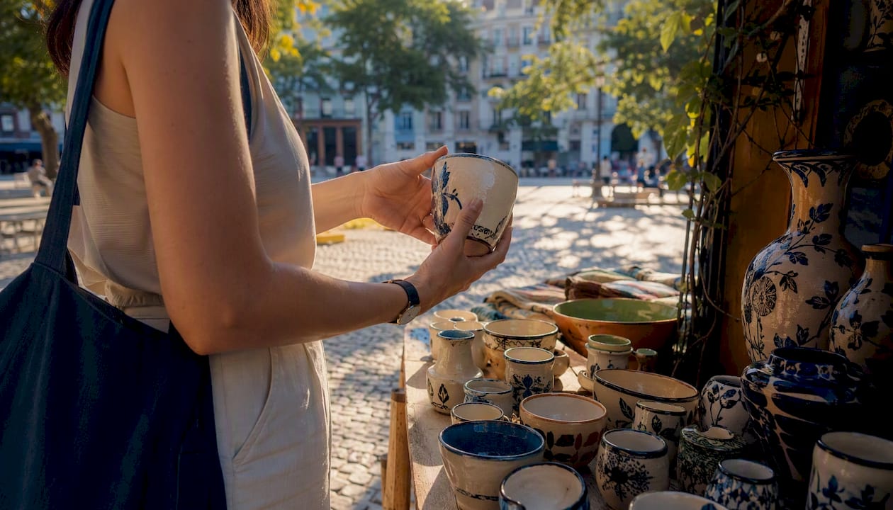Traveler touching textiles at local market stall