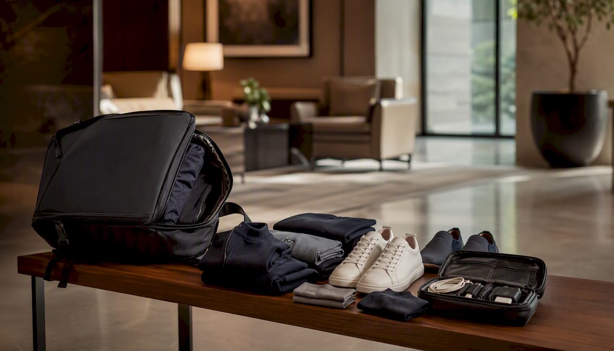 Carry-on backpack with minimalist travel wardrobe