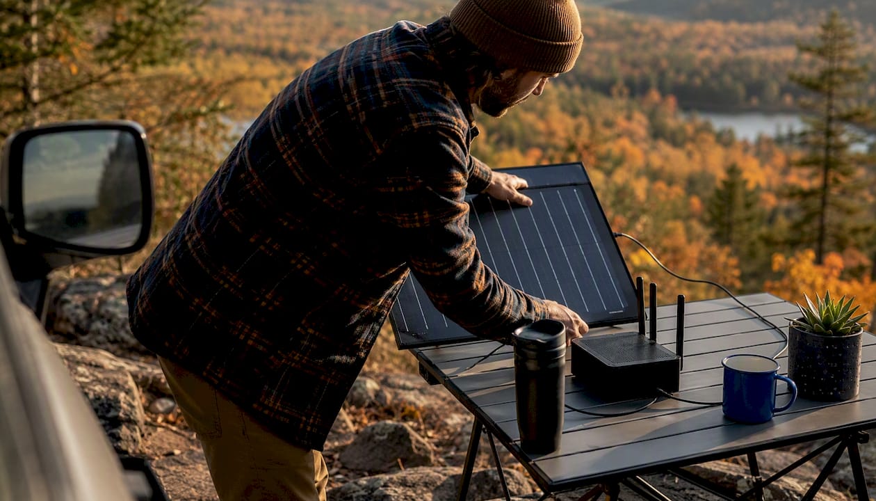 Hands setting up outdoor wireless hotspot near camper van