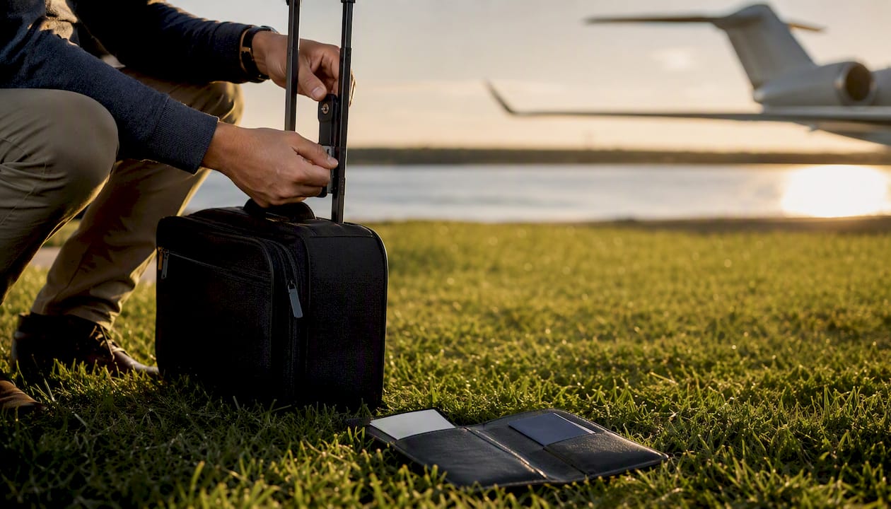 Hands adjusting carry-on luggage near passport and airport view