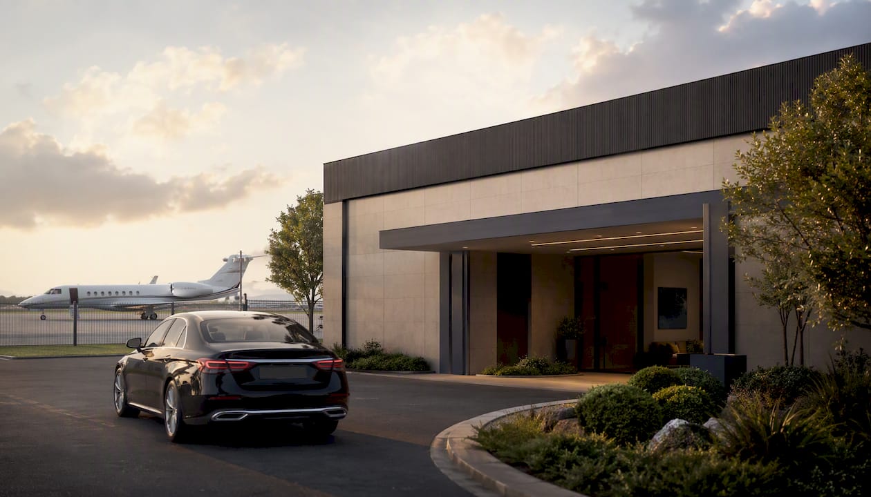 Private jet FBO building with parking entrance