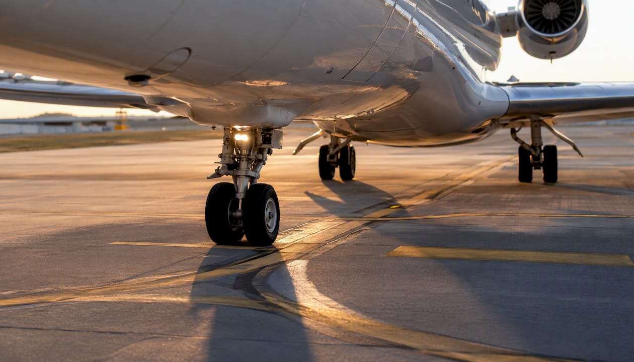 Private jet wheels repositioning on tarmac