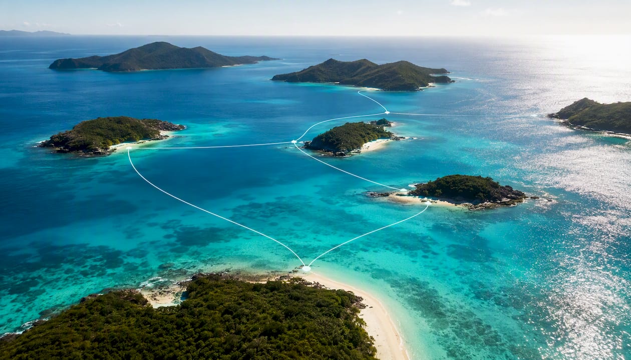 Aerial islands and connecting private jet route lines